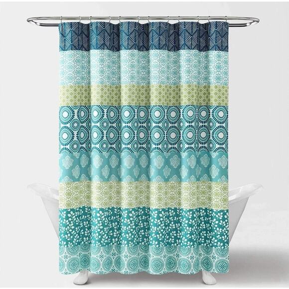 Lush Decor Bohemian Stripe Shower Curtain 72" W x 72" L Blue & Green New - Picture 3 of 5